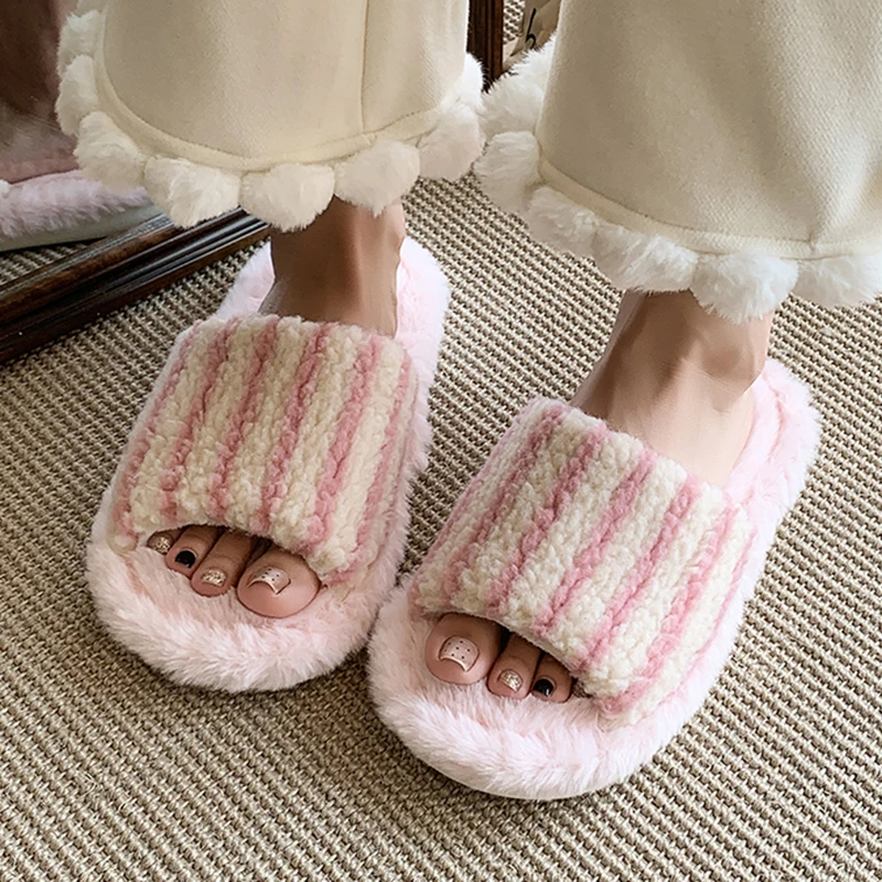 Korean Striped Fluffy Slippers Women 2025 Indoor Non Slip Open Toe Home Slides Woman Comfy Soft Sole Warm Cotton Slippers Female