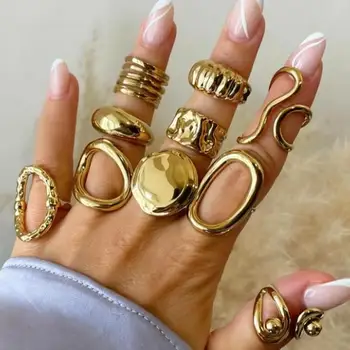 10Pcs/Set Exaggerated Geometric Metal Rings for Women Men Punk Hiphop Gold Silver Color Rings Set Wild Party Jewelry Accessories 1