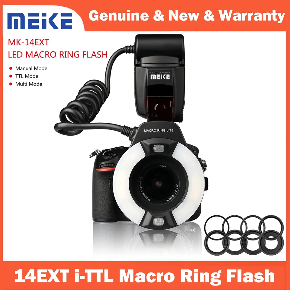 Flash Annulaire Meike MK-14EXT E-TTL Pour Canon - Macro Et Portrait, Avec Lampes LED, 7 Bagues D'adaptation - 7