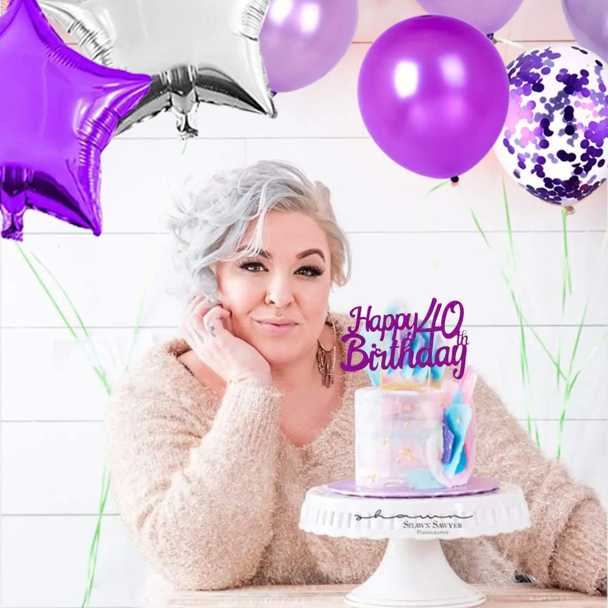 Decoraciones moradas de 40 cumpleaños para mujer, suministros de fiesta  fabulosos con globo morado número 40, decoración de pastel de cumpleaños 40