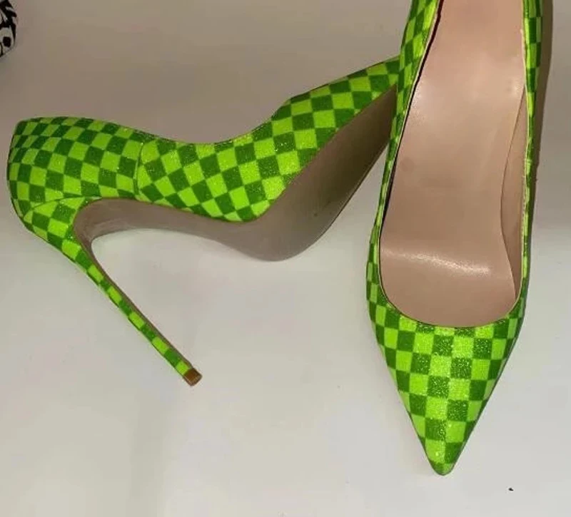 

Size 45 Sexy Women Bright Green Plaid Bling Sequined Pumps 8 10 12 CM Stiletto High Heel Pointed Toe Slip On Party Dress Shoes
