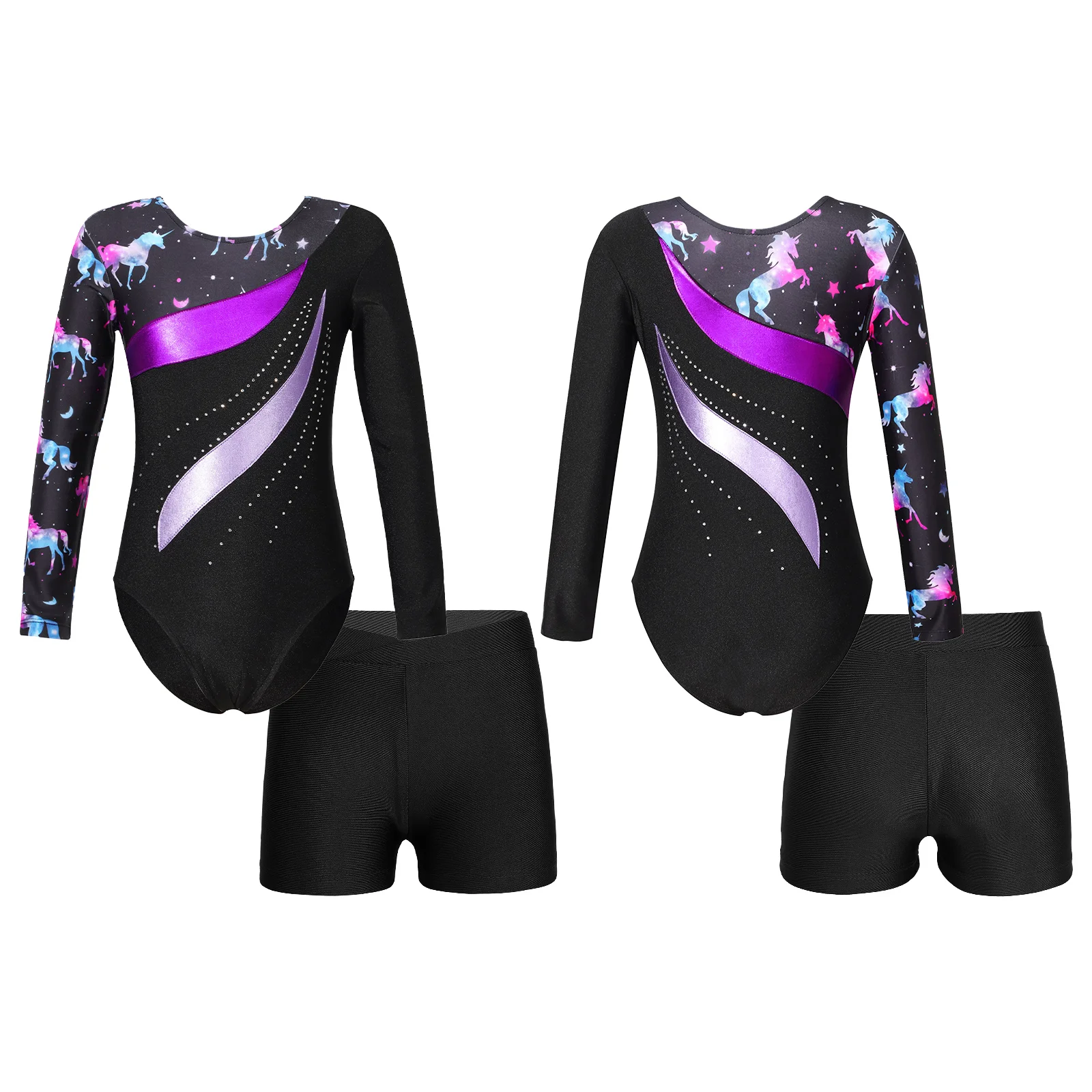 

Gymnastic Ballet Leotards for Kids Girls Long Sleeve Shiny Rhinestones Printed Patchwork Bodysuit Shorts for Dance Performance