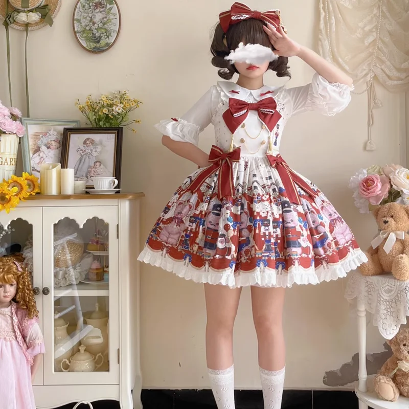 Lolita Jsk Dress Women Cute JSK Cartoon Bear Lace Bow Sleeveless Sweet Straps Dresses Girls Kawaii Princess Party Mini Vestidos