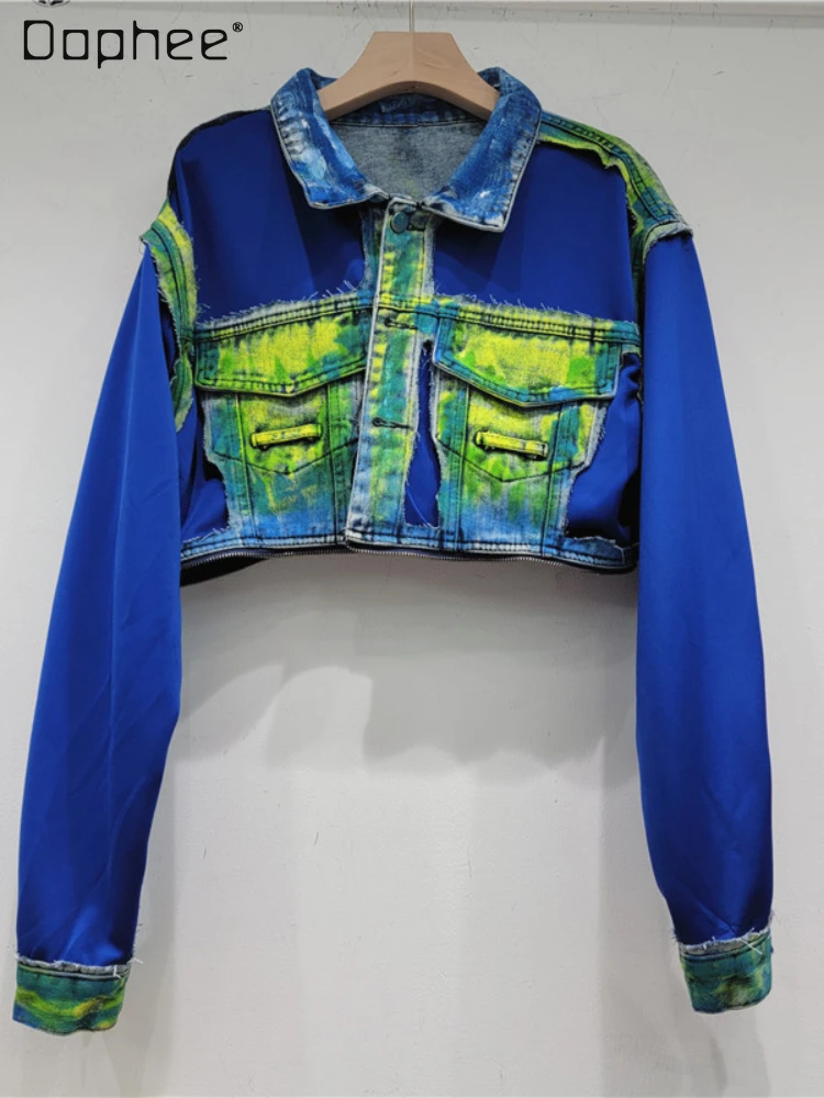 

2023 Autumn New Streetwear Denim Stitching Patchwork Jean Jacket for Women Fashion Hand Painted Graffiti Denim Short Coat Female