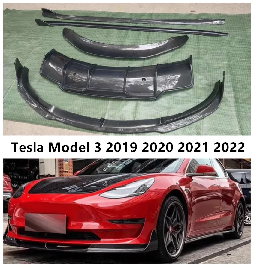 

Front Bumper Lip+Rear Spoiler+Trunk Diffuser+Side Body Skirt For Tesla Model 3 2018 2019 2020 2021 2022 Real Carbon Fiber