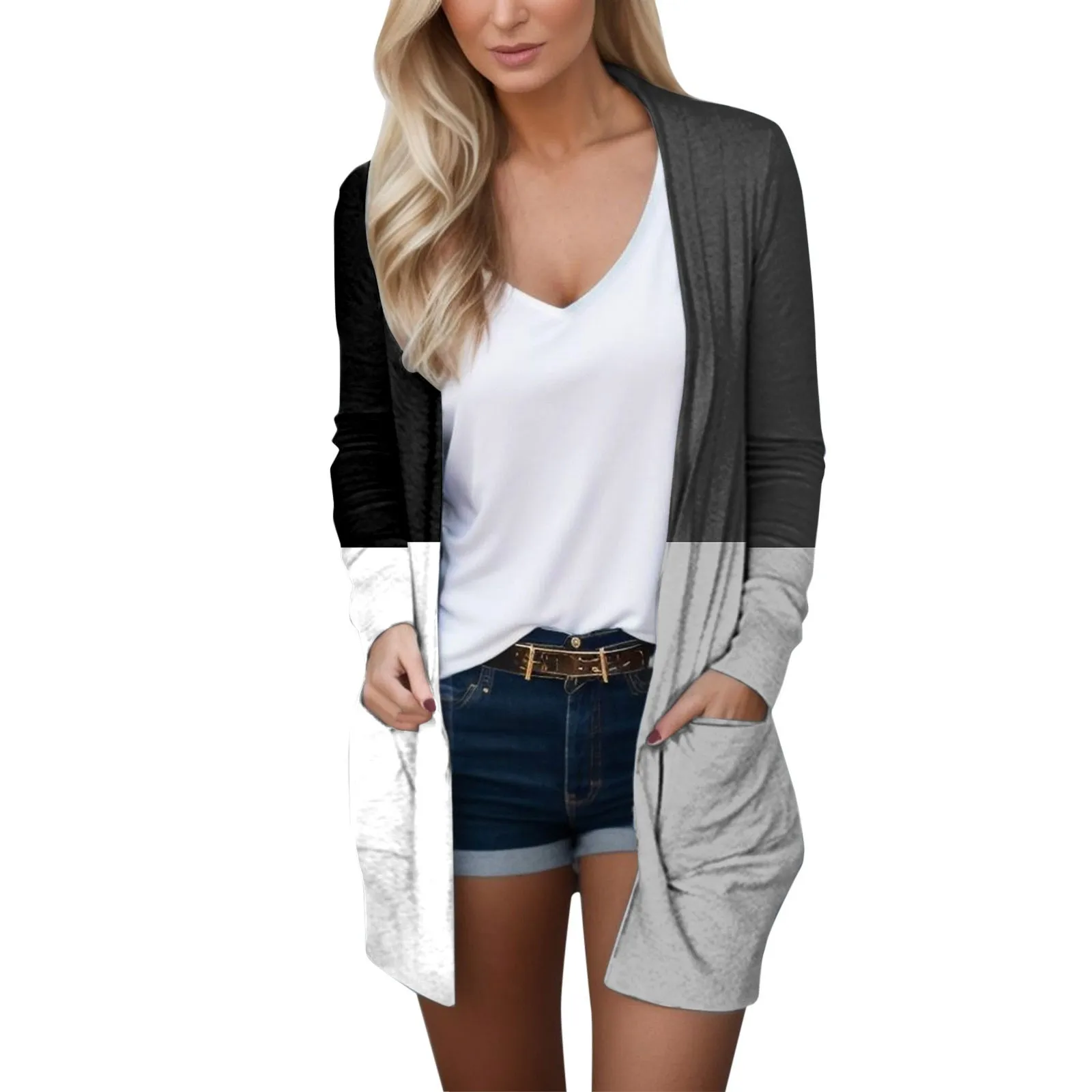 

Collision Color Women's Fashion Cardigan With Pocket Long Sleeve Top Cardigan Jacket Spring Autumn Soft Female Clothing Sweater