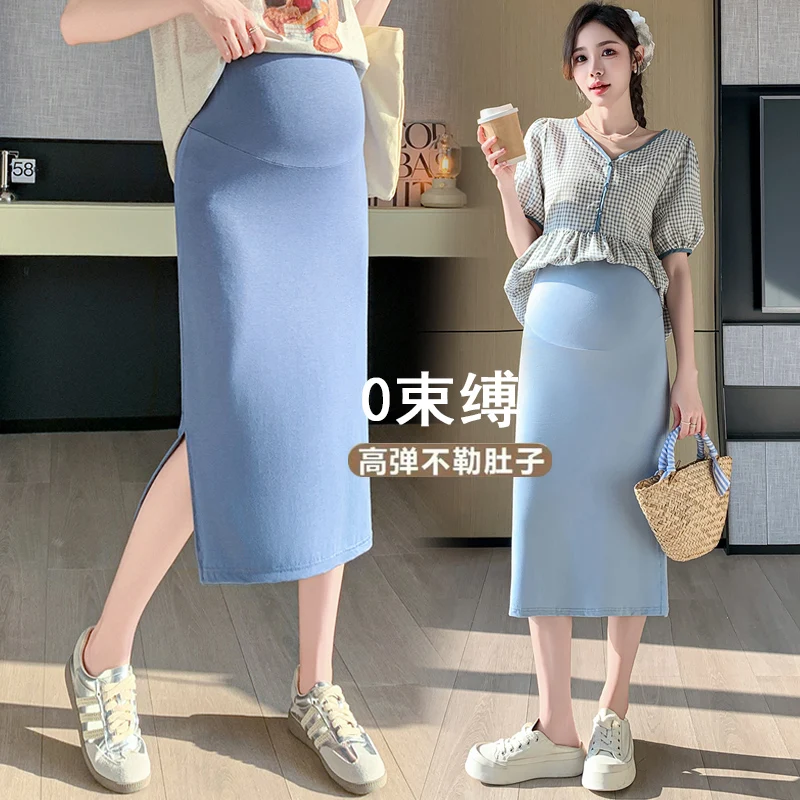 OOTD 24SS Y2K Youth Pregnancy Summer Thin Modal Skirts Belly Support Side Splits Pencil Skirts for Pregnant Women Pregnancy