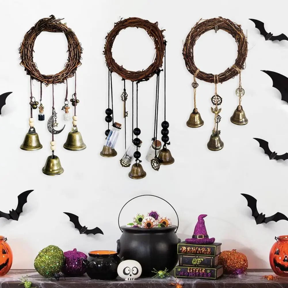 Witch Wind Chime Wiccan Wind Chime Handmade Brass Bell Witchcraft Door Hanger with Wishing Bottle Rattan Wreath Home for Wicca 3