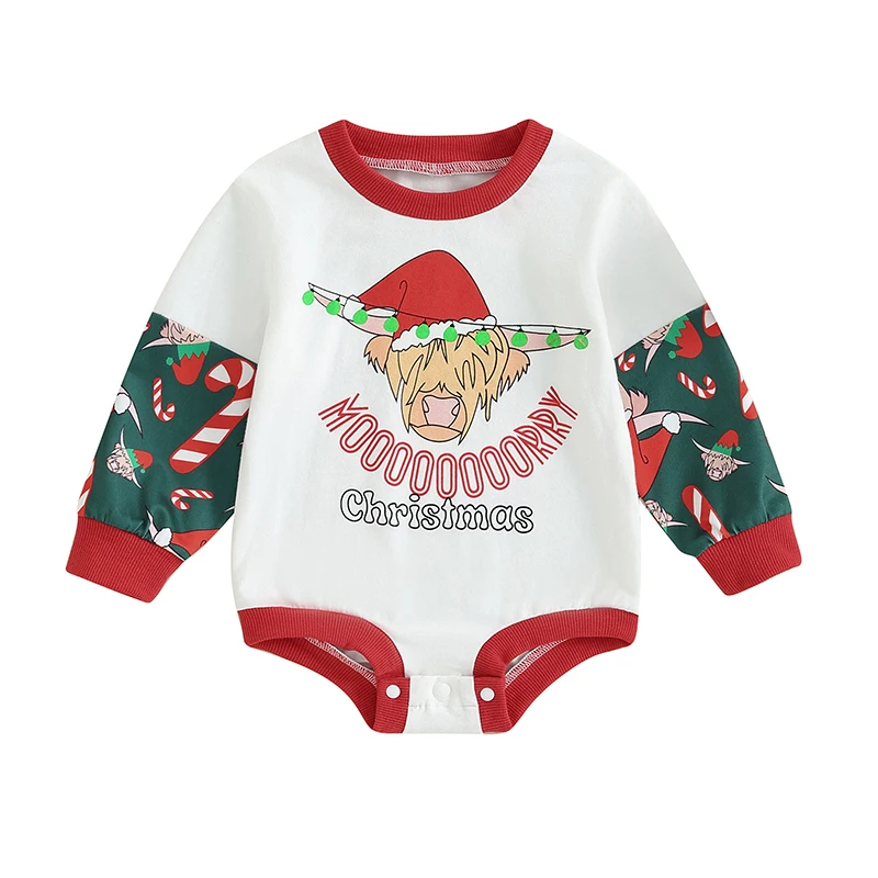 

Newborn Baby Sweatshirt Rompers Christmas Cow Head Print Long Sleeve Jumpsuit for Newborn Infant Cute Clothes