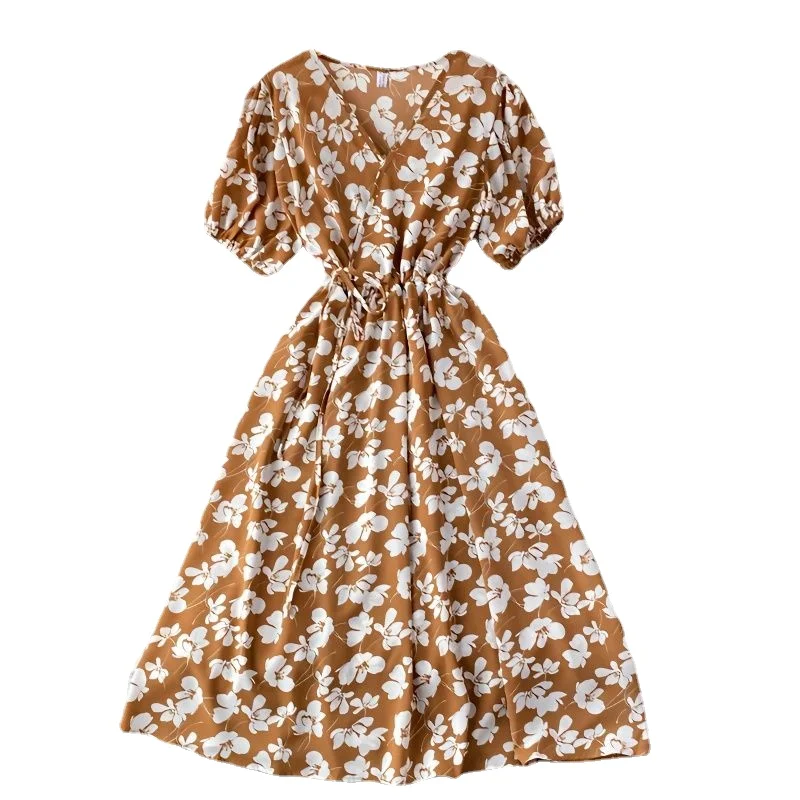 

French Fashion Gentle Style Women's Fluffy Dress Short Sleeve V-Neck Waist Slim Mid Length A-line Print Dress 2023 Summer