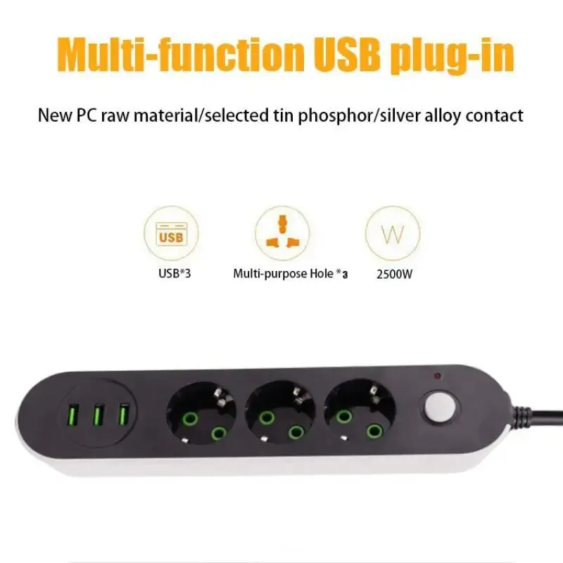 Power Strip Round Power Strip USB Travel Adapter Socket Power Plug Eu 2M 3M Extension Cable Kitchen Household Use Universal Charger