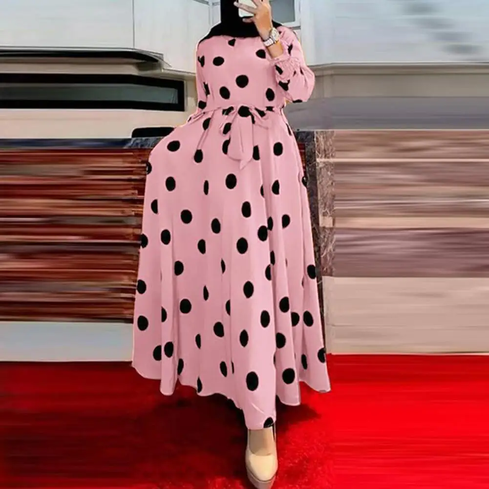 

Autumn Women's Dress With Color Block Dot Print O-neck Long-sleeved Belted Tight High-waisted Retro Maxi Dress