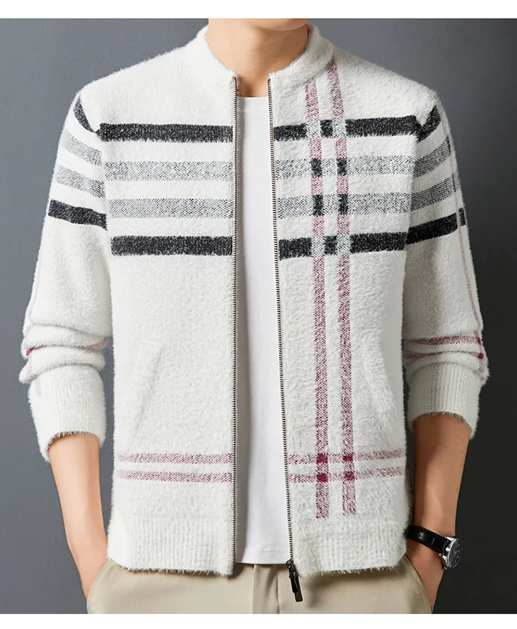 Herren-Strickjacke mit flauschigem Karomuster, Reißverschluss, lässig, Stehkragen, Pulloverjacke mit Vordertaschen, weicher Fleece-ähnlicher Stoff für den Winter – Detail 14