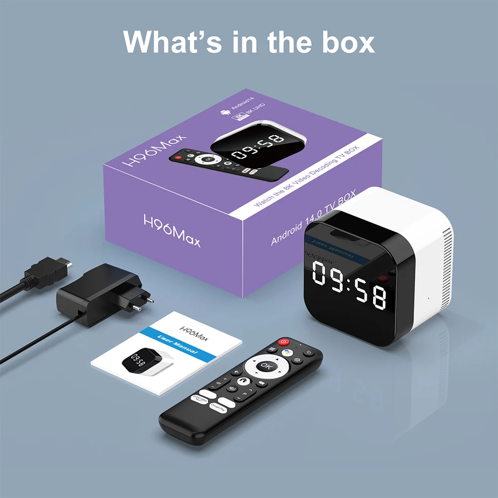 H96Max H728 Smart TV Box With 2.4G Voice Remote Control Android 14.0 WIFI 6 BT 5.X Set Top Box Clock Display UI 8K Media Player