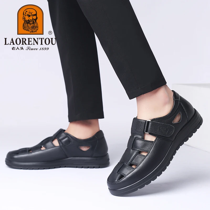 LAORENTOU genuine leather sandals, men's hollow and breathable perforated shoes, casual thick soled non slip leather shoes 6