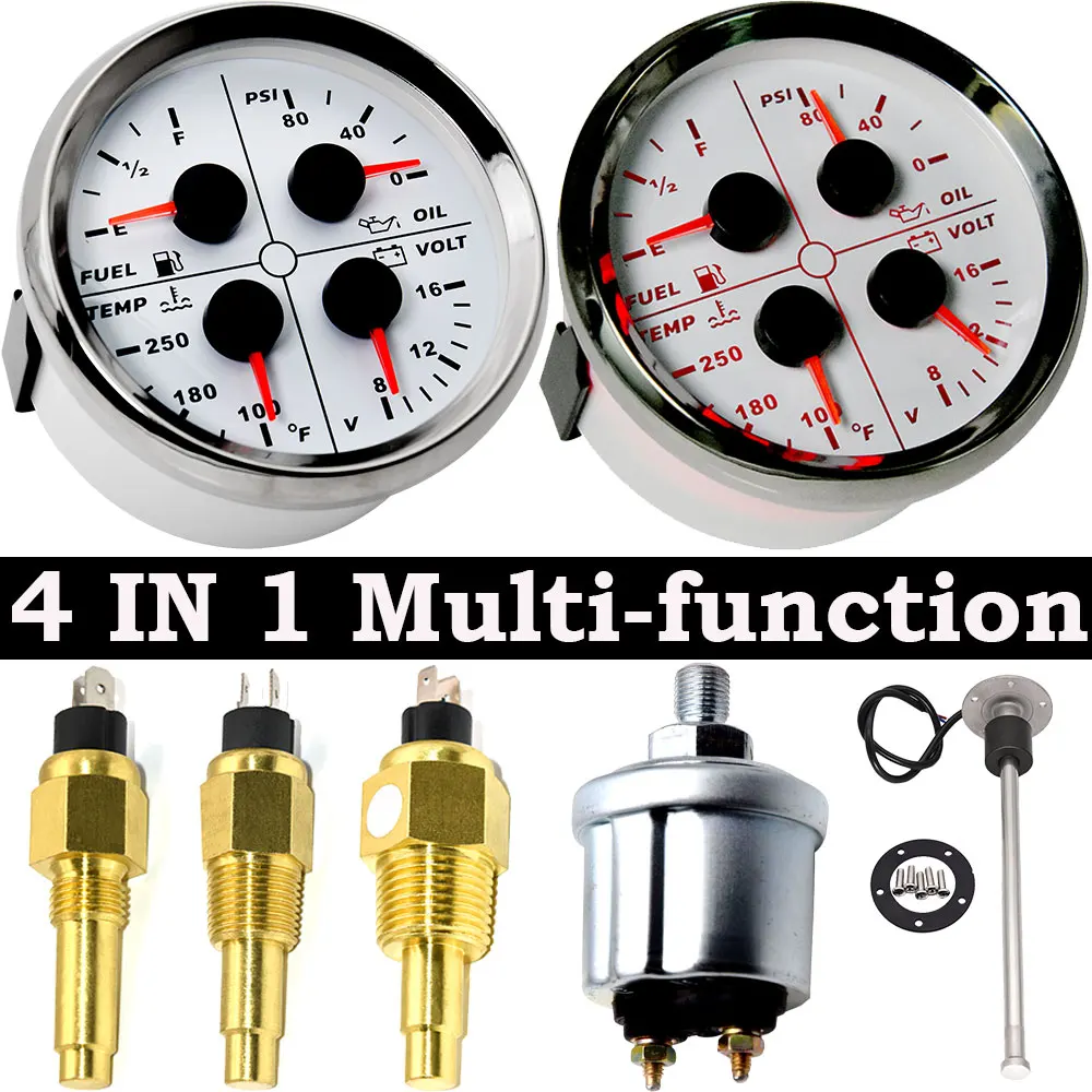 4 v 1 olej měrný tlak měrka 85MM měrka červená podsvícení pro lodní loď palivo úroveň měřič voda teplota olej měrný tlak měrka senzor
