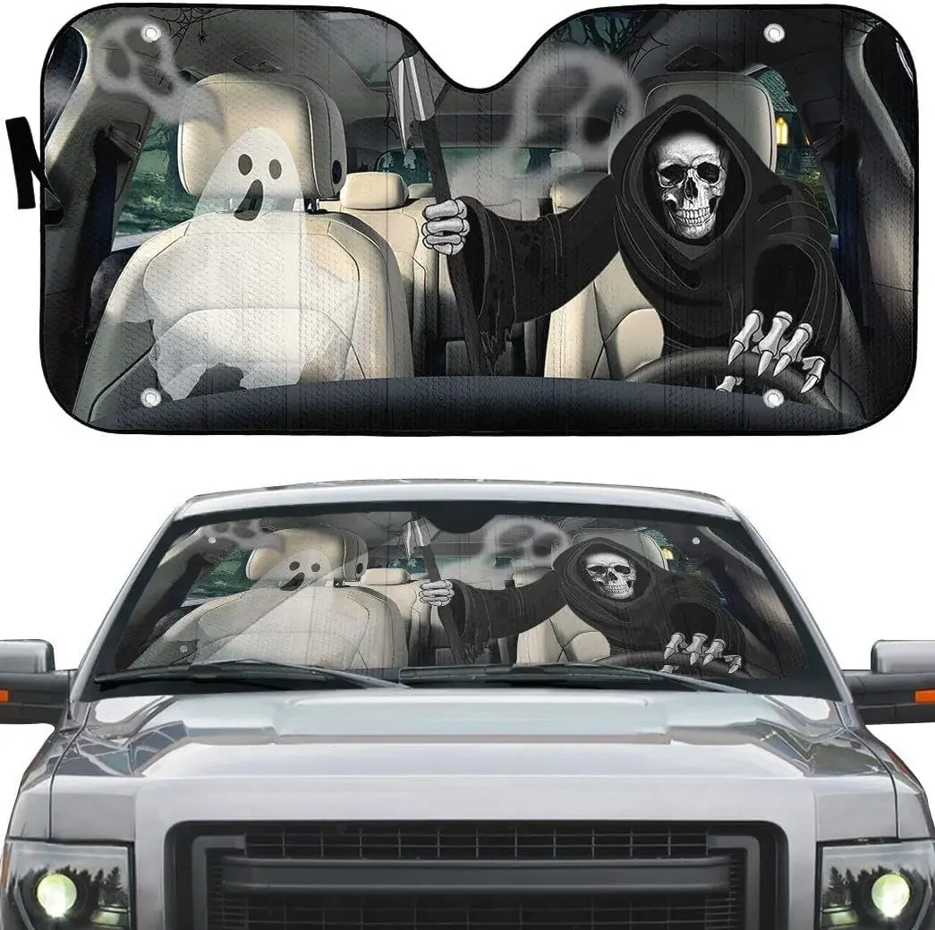 

Grim Reaper Skeleton автомобильный солнцезащитный козырек с левым рулем, Grim Reaper вождение с призраками Хэллоуин автомобильный солнцезащитный козырек, козырек для лобового стекла
