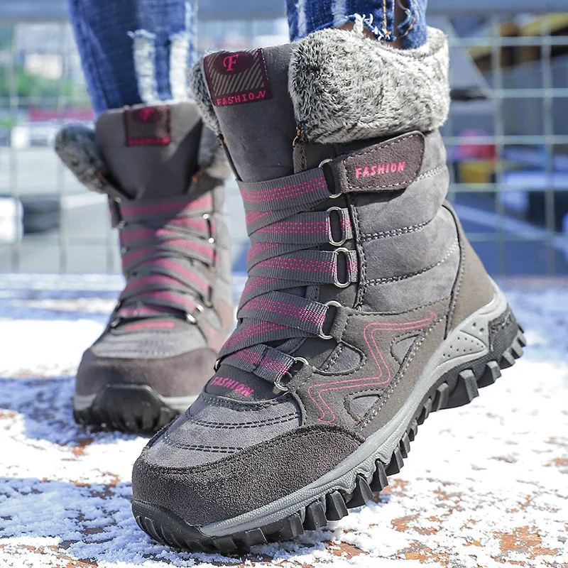 High quality genuine leather snow boots for women new 2023 winter size 41 42 outdoor plush warm walking shoe black grey red