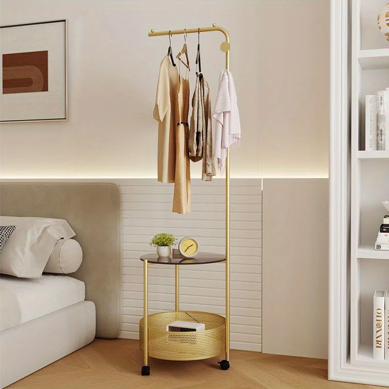 1pc Luxury Glass & Iron Freestanding Clothing Rack with Shelves, Bedroom Garment Stand, Corner Coat Hanger, Overnight Storage.