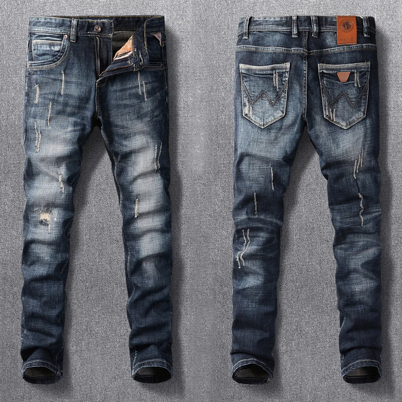 ripped jeans men skinny pants hip hop male jeans homme elasticity slim fit frayed casual men denim jeans hombre trousers Newly Designer Fashion Men Jeans Retro Black Blue Elastic Slim Fit Frayed Ripped Jeans Men Vintage Casual Denim Pants Hombre