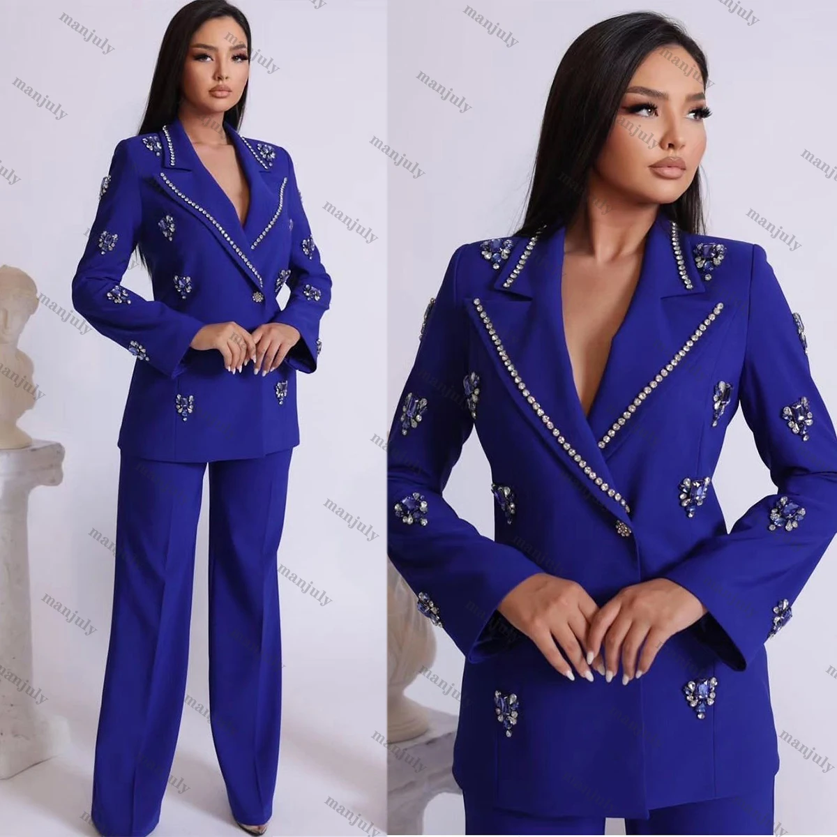 

Fashion Crystal Women Blazer Casual Peaked Lapel One Button Beads Jacket 2 Pieces Prom Celebrity Custom Made Suits