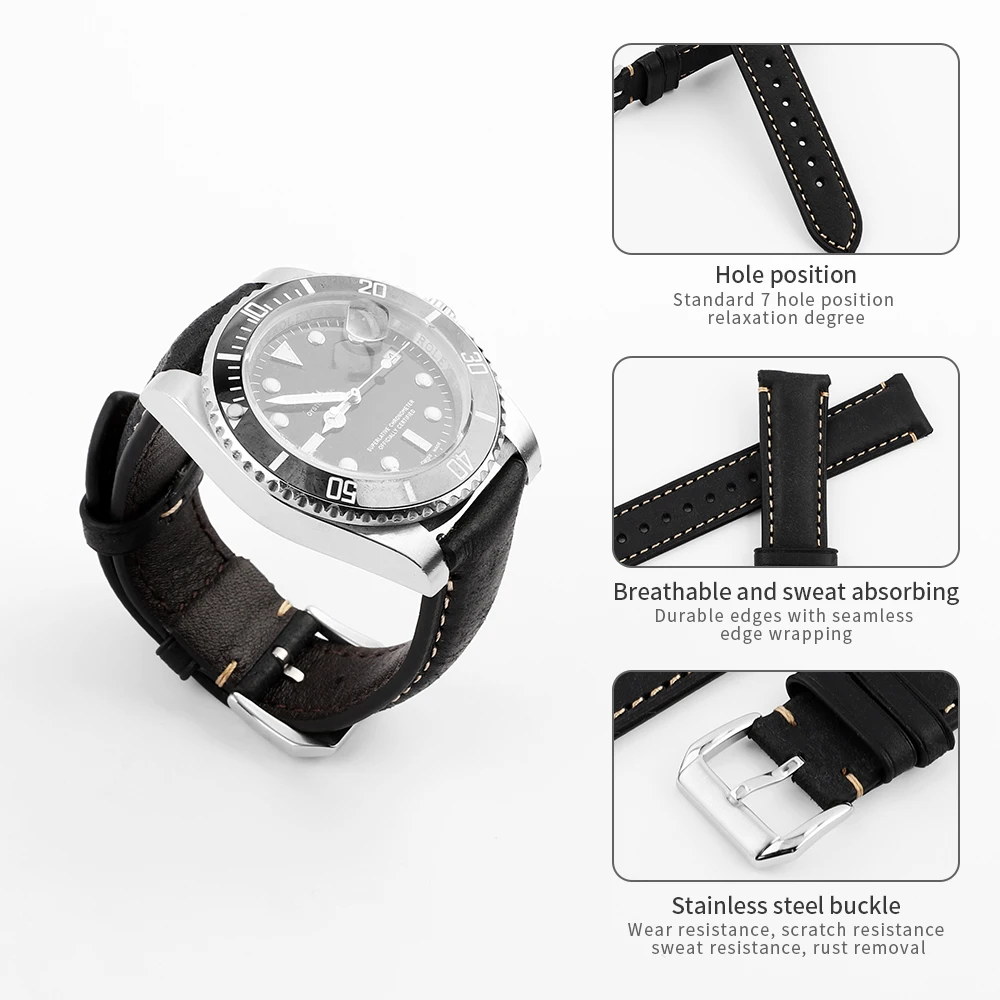 Genuine Leather Retro Watch Strap with Quick Release