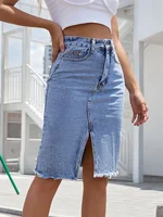 Women's Front Slit Blue Denim Skirt Pockets High Waist Slim Zipper Fly Midi Skirts 2023 Spring Female Casual Streetwear 1