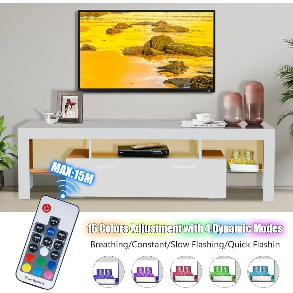 LED TV Stand with Storage Lights for 55/65/70/75 inch TV, TV Console Table with High Glossy Entertainment Center for Gaming 4