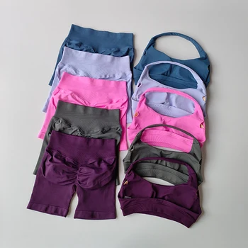Sexy Halter Neck Beautiful Back High Waist Peach Sports Bras Shorts Suit Pilates Gathering Yoga Vest Training Fitness Bra Sets 1