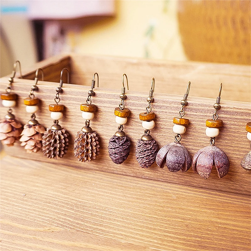 

Bohemian Pine Cone Earrings Dangle Pendant Ear Hook Handmade Jewelry Creative Wood Beads Retro Gift Accessories