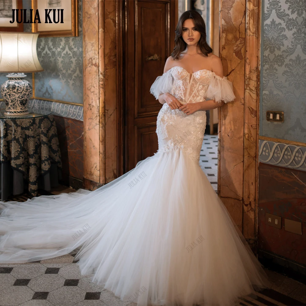 

Julia Kui Elegant Off Shoulder Sleeves Sweetheart Mermaid Wedding Dress Beading Pearls Embroidery Lace Trumpet Bridal Gowns