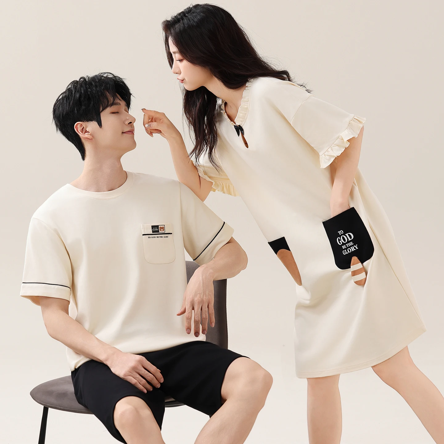 코튼 여름 커플 잠옷 반팔 얇은 홈웨어 세트 남성 스타일 편안하고 통기성 좋은 귀여운 플러스 사이즈 나이트가운