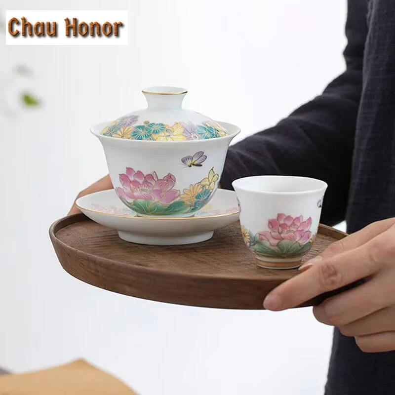 140ml Hand Painted Lotus Art Tea Tureen Mutton Fat Jade Porcelain Covered Bowl Blue And White Tea Making Gaiwan Kung Fu Teaset