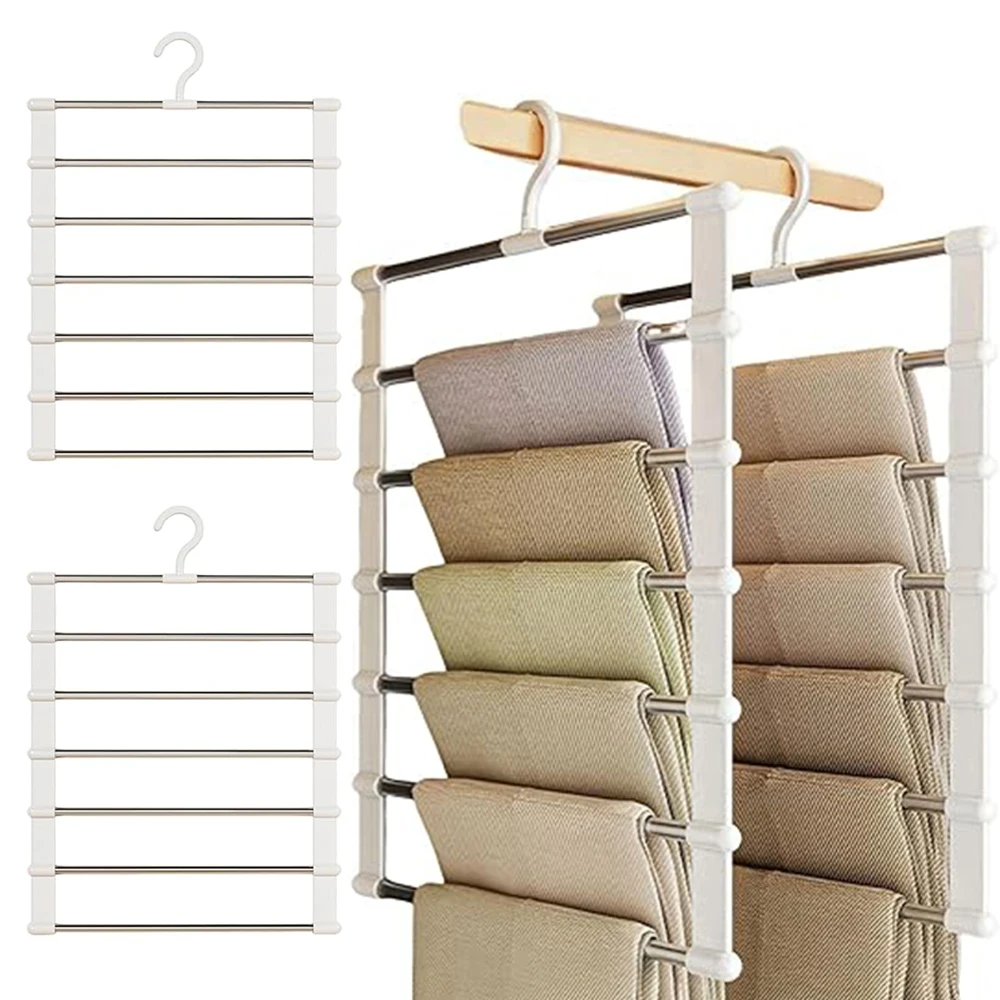 Pants Hangers Space Saving 5/7 Layers Sturdy Stainless Steel Pant Rack Anti-Slip Swing Arm