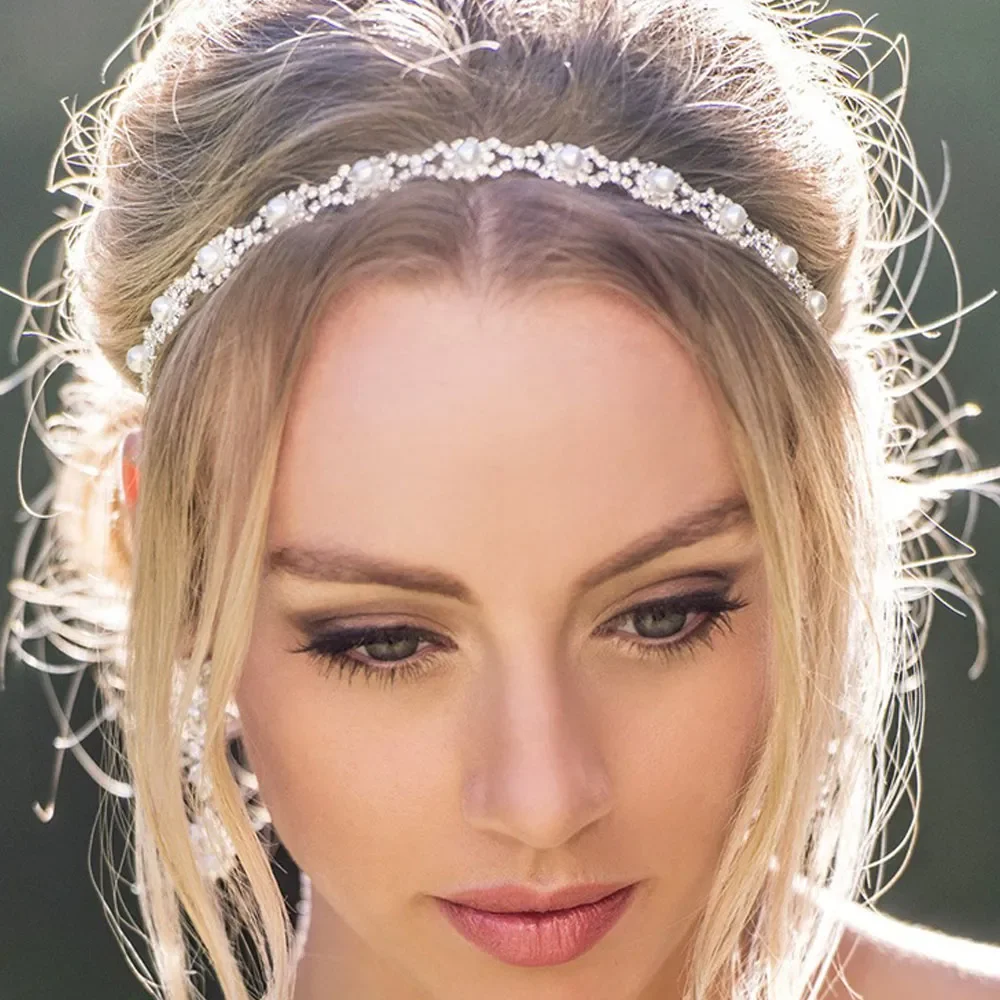 Women Elastic Rhinestone Headband Wedding Bridal Hair Chain Pearl Crystal Hair Band Accessories