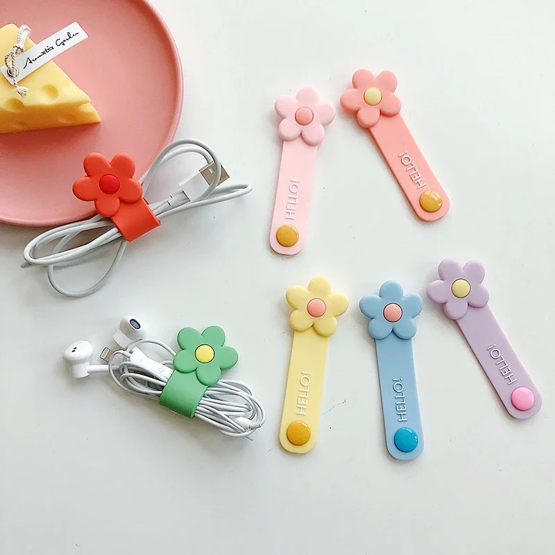 Kawaii 꽃 케이블 주최자 귀여운 USB 충전 데이터 라인 버클 케이블 보호기 와이어 코드 이어폰 케이블 와인 더 데스크 주최자