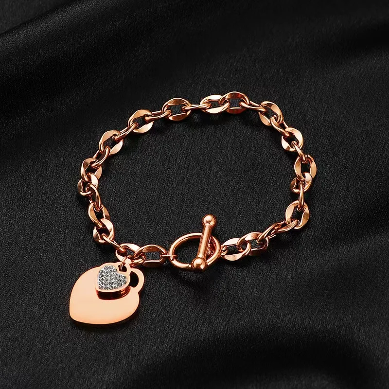 GANPUP 316L Edelstahl Doppel Herzen Strass Charms Armband für Frauen Textur Trendy Handgelenk Kette Schmuck Bijoux Femme – Detail 11