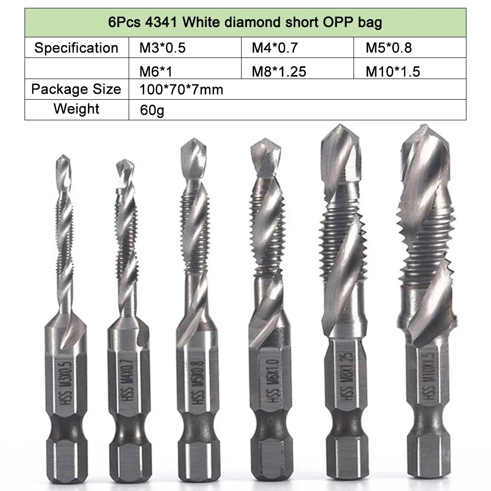 6PCS Screw Tap Drill Bits Set HSS Taps Woodworking Metric Combination 1/4" Quick Change Hex Titanium Bit M3 M4 M5 M6 M8 M10
