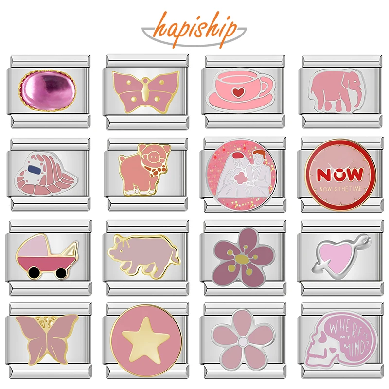 Hapiship 2024, moda para mujer, flor rosa, mariposa, abalorios italianos, eslabones aptos para pulsera de acero inoxidable de 9mm, fabricación de joyas ZH009