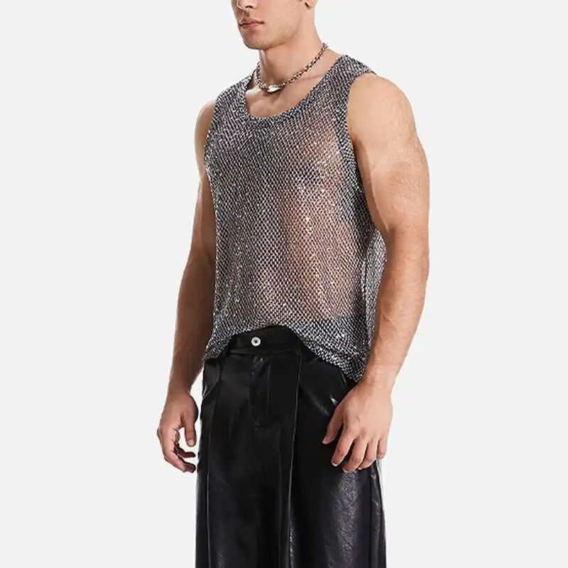 PFHQ Men's Casual Hollow Out Men's Sexy Vest Summer Sequins