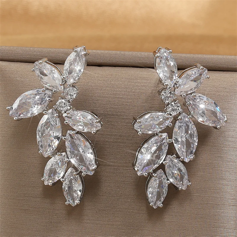 Leaf Marquise Zircon Bridal Earrings for Women White Shiny Crystal Elegant Wedding Party Jewelry Crystal Earrings