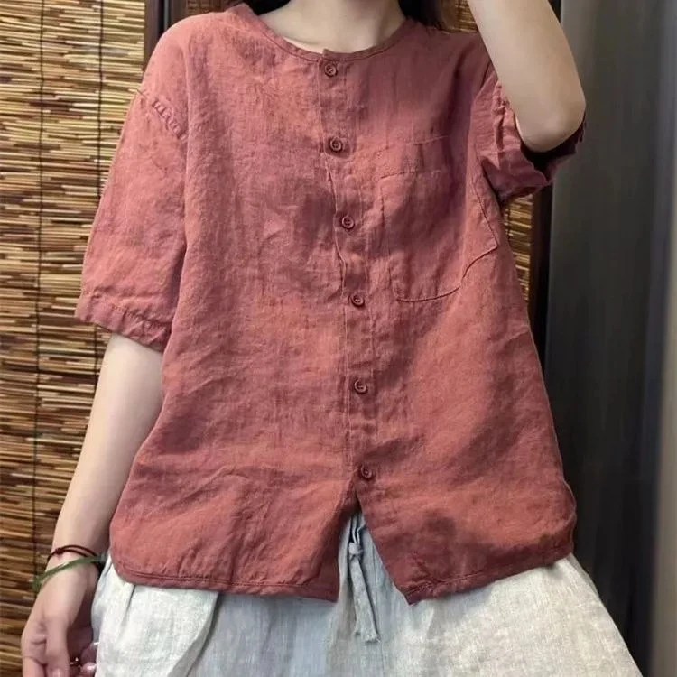 Chiffon Cotton Linen round Neck T-shirt Women Summer New Vintage Art Loose Shirt Open Cardigan Top 2025 Short Shirt For Women 4