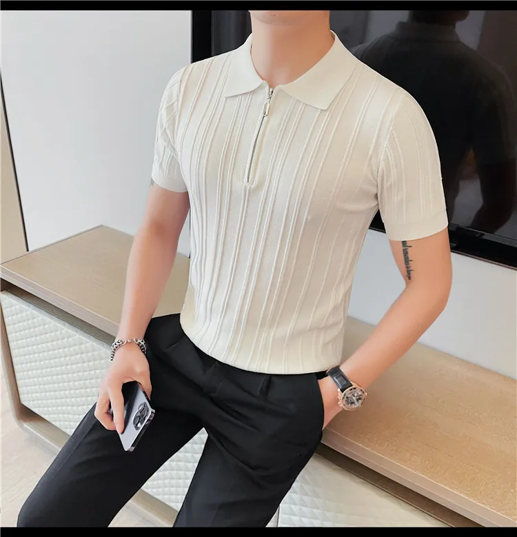 Summer Striped Knitted Polo Shirt for Men Short Sleeve Lapel Knitwear Male Casual Business POLO T-shirts Social Streetwear Tee 35 Sb49086188dfa4425a37ef35171c67cfeM