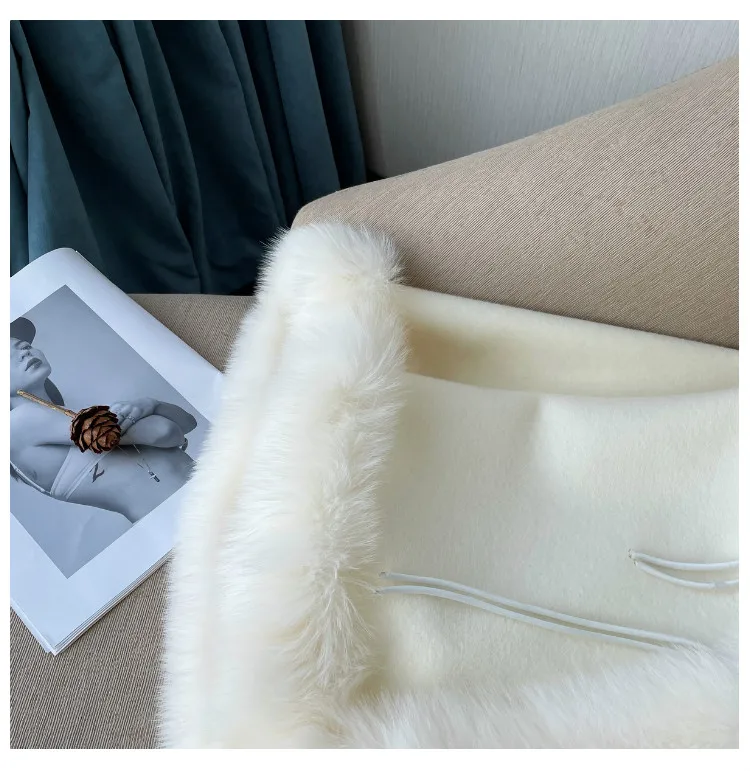 Warme Winterumhänge für Damen, Übergröße, Fledermausärmel, Poncho, 100 % Wollschals mit echtem Fuchspelzbesatz, luxuriöse Wraps – Detail 11
