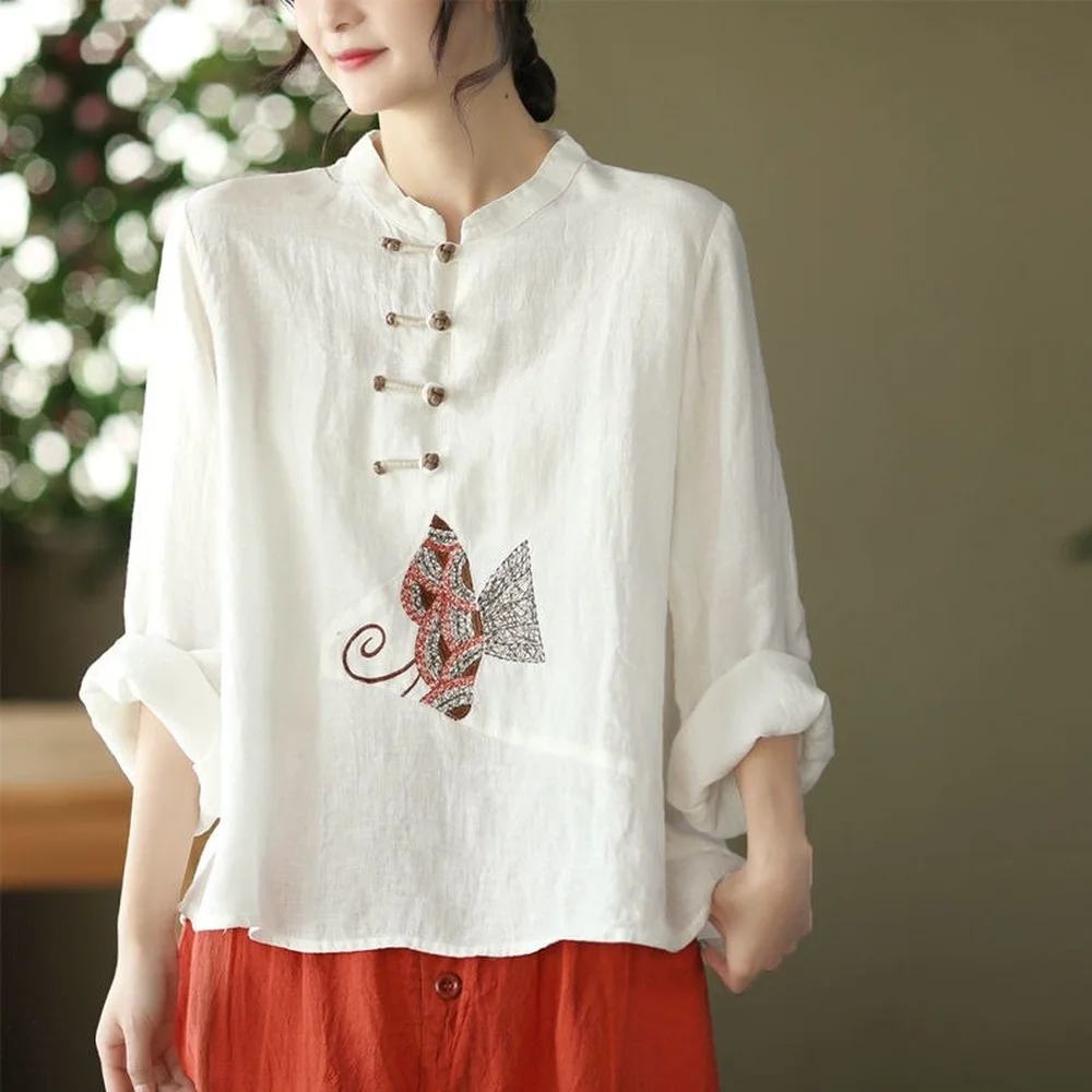 Women Chinese Style Shirt 3XL Traditional Linen Embroidery Tops Retro Loose Hanfu Blouse women chinese shirt women satin blouse