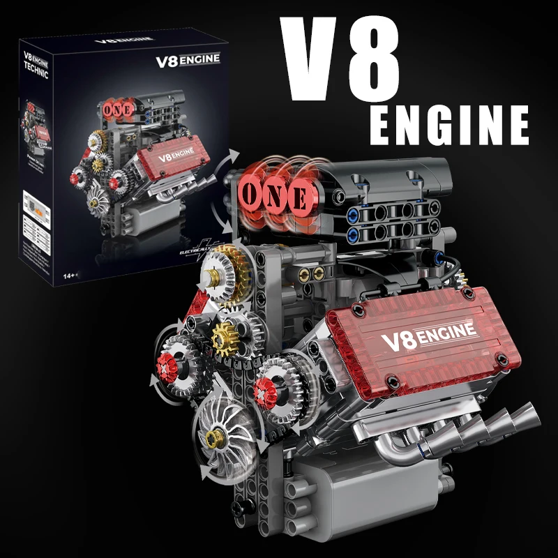 סט קוביות בנייה V8 Machine MOC עם מנוע סימולציה מודל קירות מתנות לחג המולד לילדים ומבוגרים צעצועים טכניים