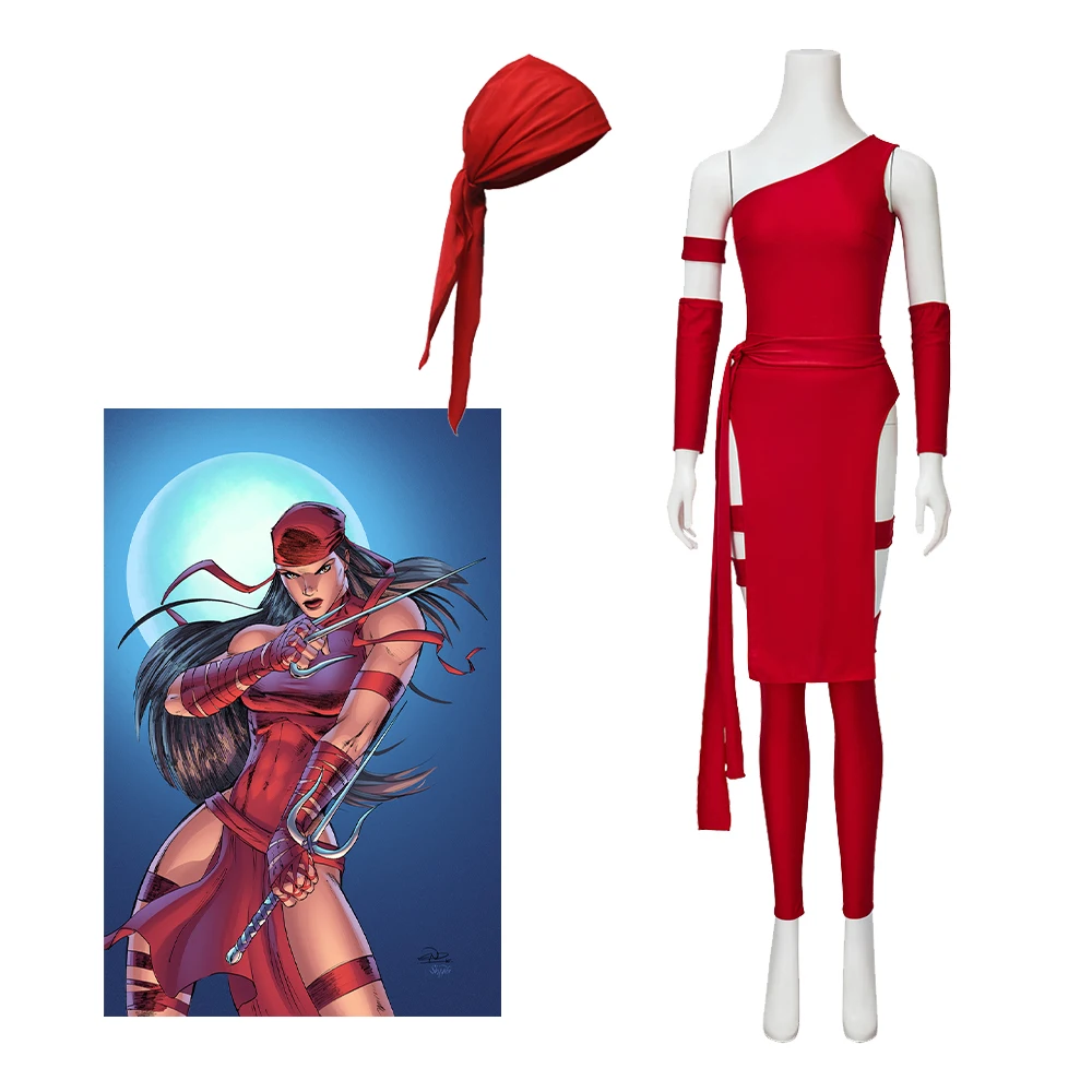 

Elektra Natchios Cosplay Costume Women's Fashion Sexy Red Battle Suit Full Set with Bandana Halloween Party Superhero Outfits