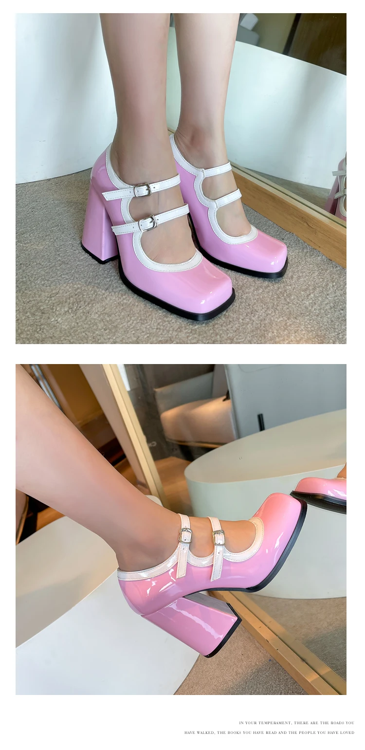 Double Breasted Oversized Sexy High Heels Glossy Patent Leather Super Chunky Heel Square Toe Breathable Cutout Pumps