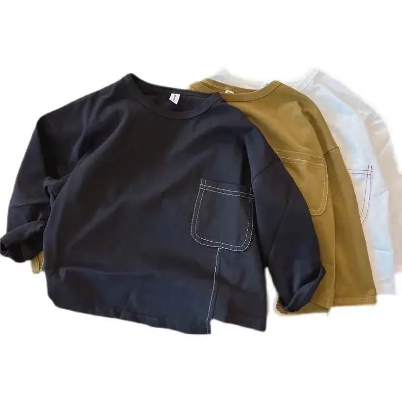 Boys Long-sleeved T-shirt Spring  Autumn Korean New Children Solid Color Irregular Bottoming Shirt Baby Autumn Inner Tops 5