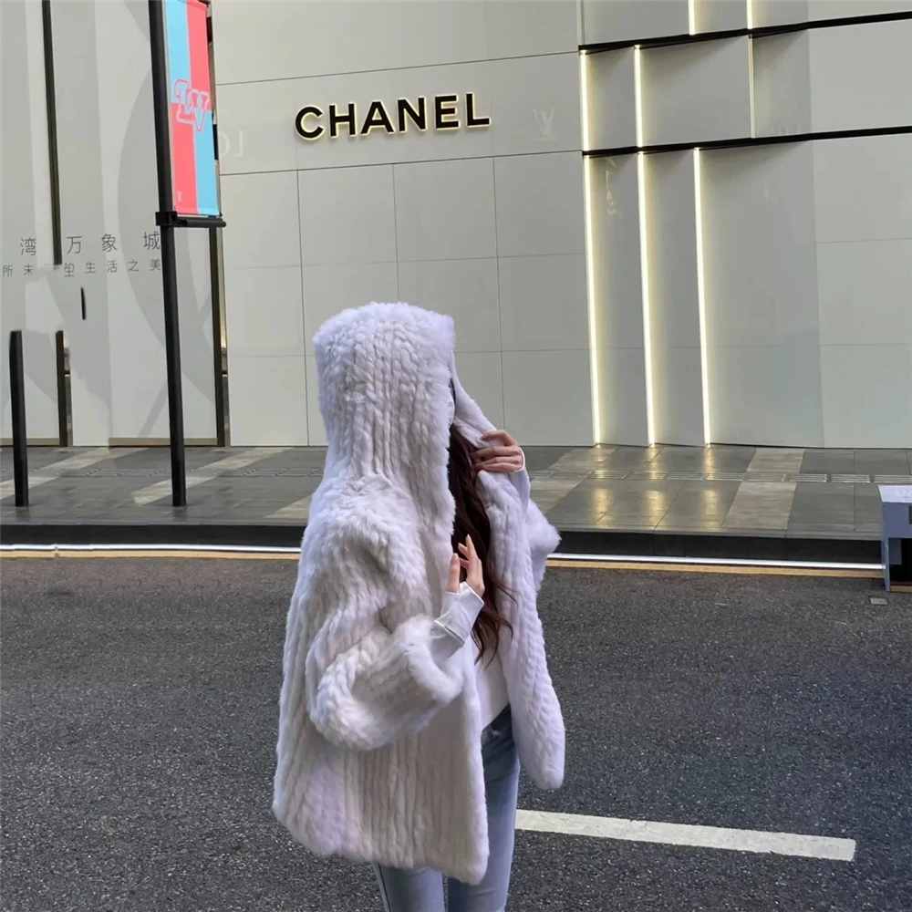 Trendy2KAutumn-Winter Women'S  New Encrypted Hand-Woven Double-Sided Hooded Korean Short Rabbit Fur Coat For Wo